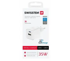 Swissten Netzwerkadapter GaN USB-A/USB-C 35W weiß