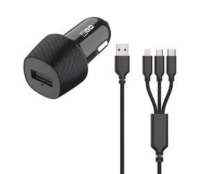 2GO 3-in-1 schwarz / Autoladegerät / 15 W / Micro-USB, Lightning & USB-C