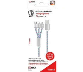 2GO Kabel 3-in-1 / Ladekabel / USB-A / Micro-USB & USB-C & Lightning / 1,5 m / 3 A