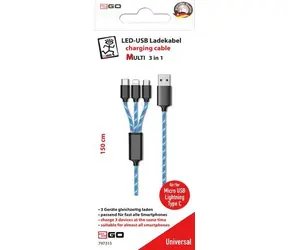 2GO USB-A 3-in-1 LED-Kabel (schwarz/blau) / Ladekabel / Micro-USB / Lightning / USB-C / 1,5 m / 3 A