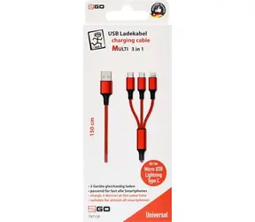 2GO 3-in-1-Ladekabel rot / USB-A - USB-C / Micro-USB / Lightning / 1,5 m / Nylon / 3 A