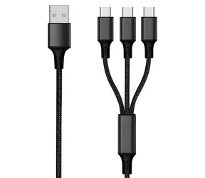 2GO USB 3-in-1 Nylon-Ladekabel, schwarz, 3 × USB-C, 1,5 m, 3 A