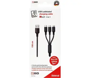 2GO 3-in-1-Ladekabel, schwarz / USB-A - USB-C - Micro-USB - Lightning / 1,5 m / Nylon / 3 A