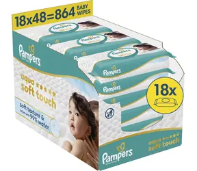Pampers Aqua Soft Touch Plastikfrei / Feuchttücher / 864 Stück / 18 × 48 Stück