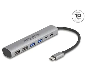 DeLock USB-Hub mit 6 Anschlüssen, grau / USB-Hub / 4× USB-A / 2× USB-C / USB 3.2 Gen 1
