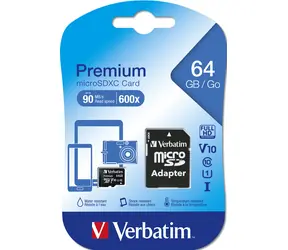 Verbatim Premium microSDXC 64 GB + Adapter / Speicherkarte / UHS-I (U1) / Klasse 10 / V10 / R: 90 MB/s / Schreiben: 10 MB/s