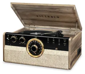 Victrola VTA-270B hellbraun / Plattenspieler mit Radio, CD- und MC-Laufwerk / 33, 45 und 78 U/min / FM / Bluetooth / RCA / Lautsprecher