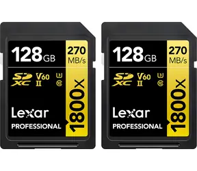 Lexar Professional 1800x SDXC 128 GB (2 Stück) / Speicherkarte / Lesen: 270 MB/s / Schreiben: 180 MB/s / UHS-II U3 / Klasse 10