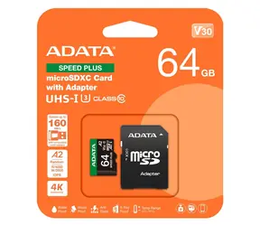 ADATA Speed PLUS Micro-SDXC-Karte 64 GB + SD-Adapter / UHS-I U3 / V30 / A2 / R: 160 MB/s / Schreiben: 140 MB/s