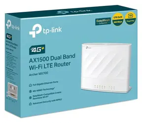 TP-LINK Archer MX700 / 4G+ LTE Router / Wi-Fi 6 / Dualband / 2,4 GHz 300 Mbit/s / 5 GHz 1201 Mbit/s / 4X GLAN / Nano-SIM