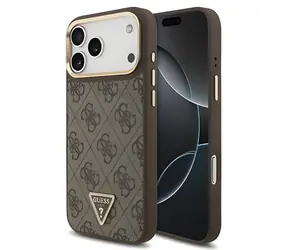 Guess PU-Leder 4G Strass-Dreieck Logo Goldrahmen Braun / Rückseite / MagSafe / iPhone 17 Pro Max