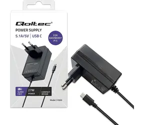 Qoltec Super Fast PD Ladegerät schwarz / Ladegerät für Raspberry Pi 5 / USB-C / 27 W / 5-12 V / 1,8-5 A