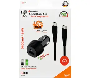 2GO 20W Autoladegerät, schwarz / 1x USB-A / 1x USB-C / USB-C-Kabel (100 cm) / Schnellladefunktion, PD