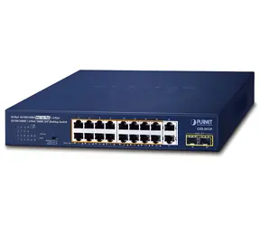 Planet PoE-Switch, 16- Port GE 802.3at / Unmanaged / 2x GE + 2x SFP Uplink / 185 W / 19"-Rack