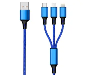 2GO 3-in-1-Kabel, schwarz/blau / Ladekabel / USB-A auf USB-C, Micro-USB, Lightning / 1,5 m / 3 A