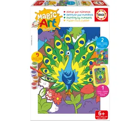 Educa Malen nach Zahlen: Pfau und Papagei / 2 Bilder 20,5 × 15,5 cm / Set mit Rahmen und Pinsel