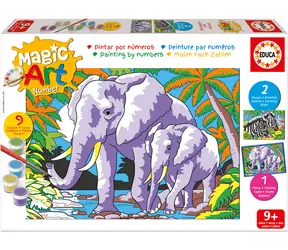 Educa Malen nach Zahlen Elefanten und Zebras / 2 Leinwände 20,5 x 15,5 cm / Set mit Farben, Pinsel und Rahmen