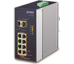 Planet Switch Industrie-Switch mit 8 Port +-Ports / 8x Gigabit PoE+ 802.3at / 2x SFP / DIN-Schiene / IP30 / -40 bis 75 °C