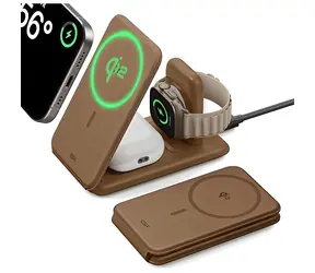 ESR Reise-3-in-1-Ladegerät, braun / Faltbares Reiseladegerät / Qi2 / für Smartphone, Smartwatch und Kopfhörer