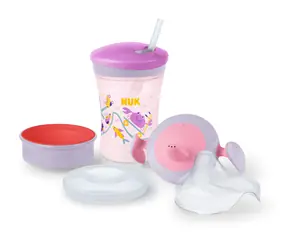 NUK Trinkset mit Aufsätzen 230 ml lila-rosa / ab 6 Monaten / 3 Aufsätze / BPA-frei