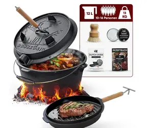GUSSKÖNIG Gusseiserner Schmortopf 12 l mit Füßen / Set mit Zubehör / vorgebrannt / für 10-16 Personen