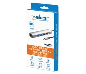 Manhattan USB-C Dockingstation 6-in-1 Silber / Dockingstation / 1x HDMI 4K/60Hz / Gigabit-LAN / PD 100W