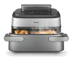 Philips Ovi Dual 5000 Ultra Megabasket NA565/02 silber / Heißluftfritteuse / Doppelkorb / 2750 W / 9,5 l
