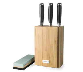 G21 Gourmet-Damastmesserset im Bambusblock / 3-teilig + Schleifstein