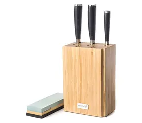 G21 Damast Premium / Messerset / Bambusblock / 3-teilig / Schleifstein