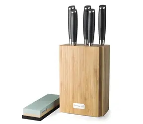 G21 Gourmet Damastmesserset im Bambusblock / 5-teilig + Schleifstein