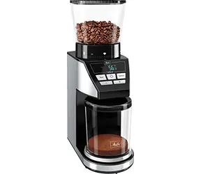 Melitta Calibra schwarz-silber / Kaffeemühle / integrierte Waage / 39 Mahlgrade / 160 W / 375 g Behälter
