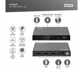 Digitus DS-55339 schwarz / Hub / HDMI 1x2 / 8K 60Hz / Downscaling / HDMI 2.1