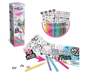 STYLE4EVER Malbücher auf der Rolle / Kreativset / 4 m Rolle / 12 Buntstifte / über 50 Aufkleber / ab 6 Jahren