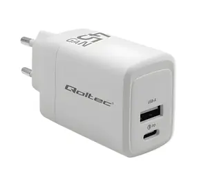 Qoltec GaN-Ladegerät 45W weiß / Ladegerät / USB-C PD + USB-A QC 3.0 / 5-20V / 1,5-3A