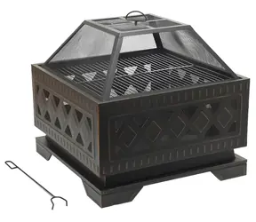 Cattara Kamin SQUARE, Kupferpatina, mit Deckel / 63,5 × 63,5 × 62 cm / Rost 58 × 58 cm / Stahl