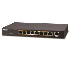 Planet PoE-Switch, lüfterlos, 8 Ports / Switch / 9x 10/100/1000 Mbit/s TP / 8x PoE 802.3at 30W/120W