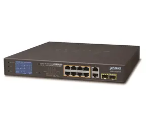 Planet GSD-1222VHP / PoE-Switch / 8x PoE + 2x 1000Base-T + 2x SFP / LCD / VLAN / IEEE 802.3at 120W / Reichweite: 250 m