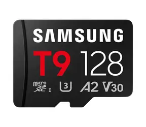 Samsung T9 schwarz / microSDXC-Speicherkarte / 128 GB + SD-Adapter / UHS-I U3 / Klasse 10, V30, A2 / Lesegeschwindigkeit: 200 MB/s