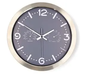 Nedis CLWA5226SS grau / Wanduhr / Durchmesser 300 mm / Edelstahl / Thermometer / Hygrometer