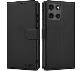 Tech-Protect Wallet, schwarz matt / Brieftaschenhülle / Motorola Moto G15, G15 Power / mit Ständer / aus Kunstleder