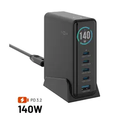 FIXED GaN-Dockingstation Schwarz / Ladestation / TFT-Display / 4X USB-C + USB-A / PD 3.2 / 140 W