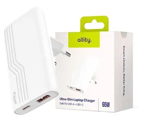 Allity ATC-02-65WAC weiß / Wandladegerät / GaN / 65 W / USB-A + USB-C / PD / QC