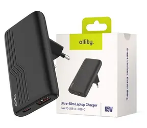 Allity ATC-02-65WAC schwarz / Wandladegerät / GaN / 65 W / USB-A + USB-C / PD / QC