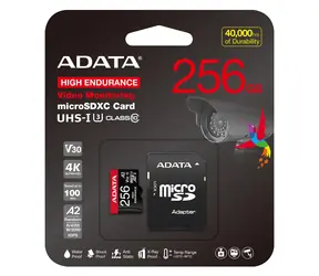 ADATA High Endurance / Micro-SDXC-Karte / 256 GB / UHS-I U3 / Klasse 10 / Lesegeschwindigkeit 100 MB/s / Schreibgeschwindigkeit 85 MB/s / + Adapter
