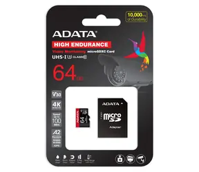 ADATA High Endurance / Micro-SDXC-Karte / 64 GB / UHS-I U3 / Klasse 10 / Lesen 100 MB/s / Schreiben 80 MB/s / + Adapter