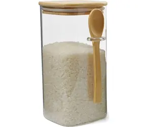 Maxxo Vorratsdose aus Bambus, 1200 ml / Borosilikatglas / Bambusdeckel und Löffel / 21 x 10 x 12 cm
