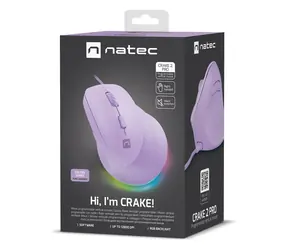 Natec Crake 2 PRO lila / Vertikale Maus / Optisch / Kabelgebunden USB-A / 12.400 DPI / 6 Tasten / Für Rechtshänder