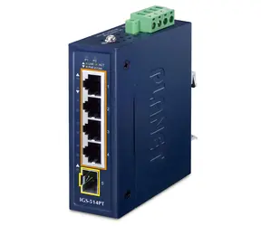 Planet IGS-514PT / Industrie-Switch / 4X Gigabit PoE+ RJ-45 / 1x SFP / IP30 / DIN-/Wandmontage