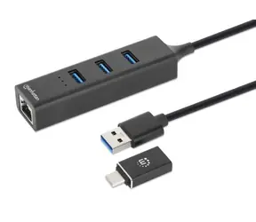 Manhattan Combo-Hub USB-C/USB-A mit LAN-Adapter, schwarz / USB-Hub / 3x USB-A 3.2 Gen 1 / Gigabit-LAN / 5 Gbit/s