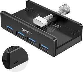 Orico USB-Hub mit 4X USB-A-Anschlüssen (Schraubanschluss), schwarz / USB-Hub / 4X USB-A 3.0 / Aluminiumgehäuse / Schraubbefestigung